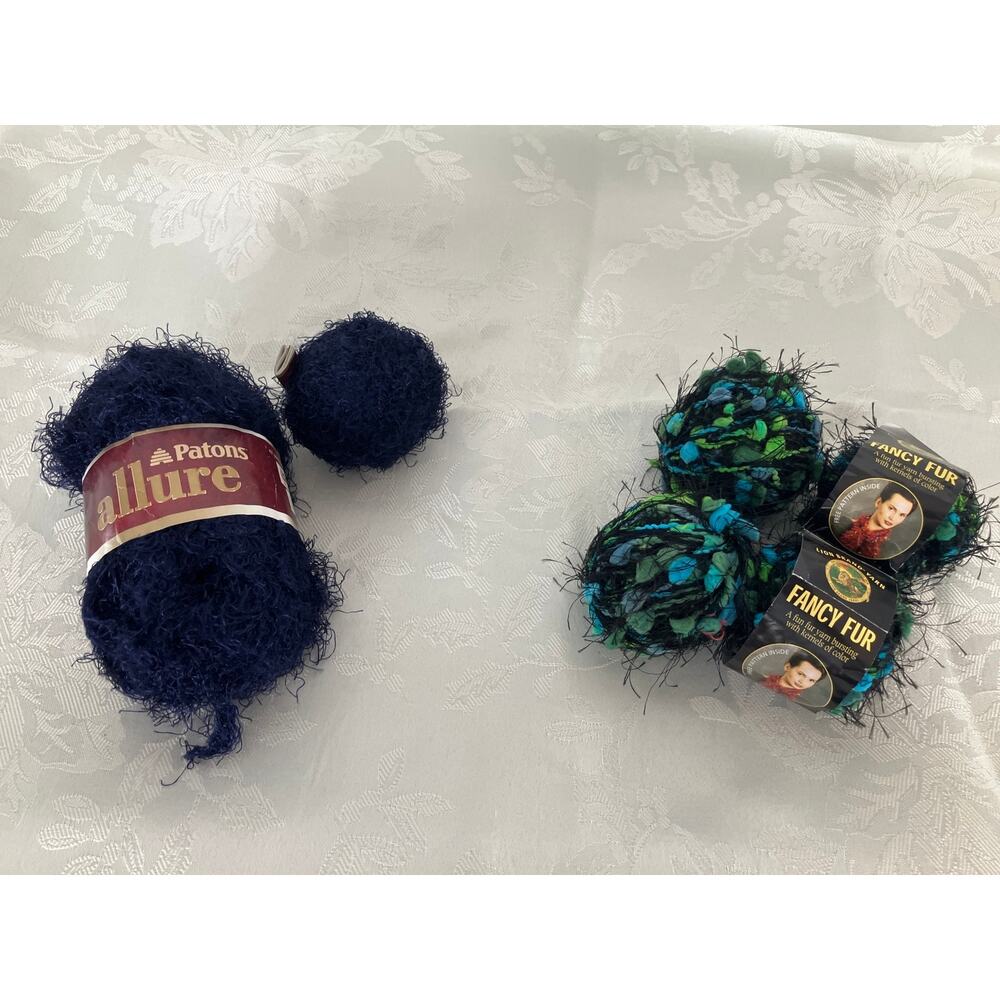 Lot of Yarn Patons Allure Sapphire + Lion Brand Fancy Fur Stormy Sea